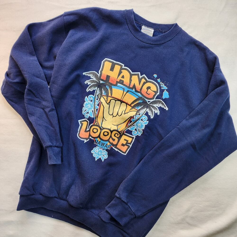 1990s Santee Made in USA Dark Blue Hang Loose Hawaii Crewneck Sweatshirt XL
